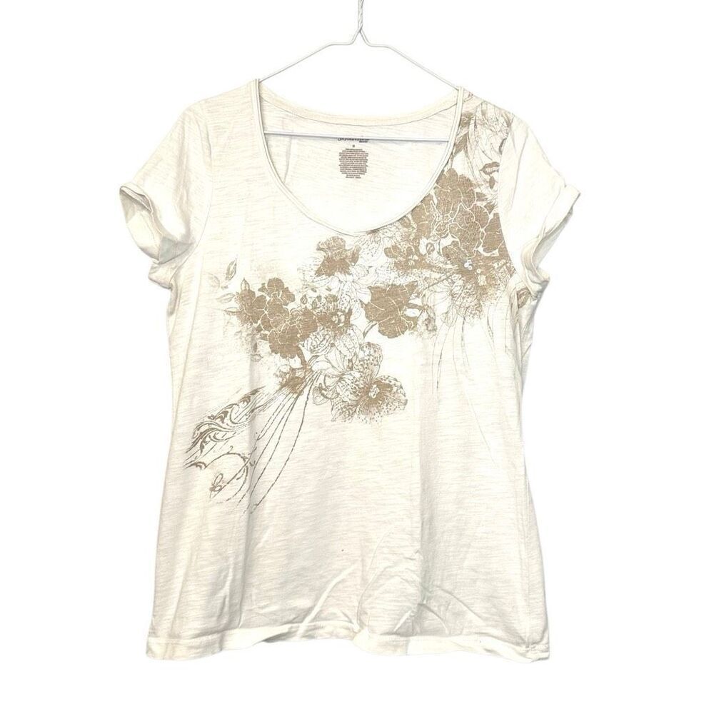 St. Johns Bay Floral Print Short Sleeve Slub Cotton T-shirt White Medium